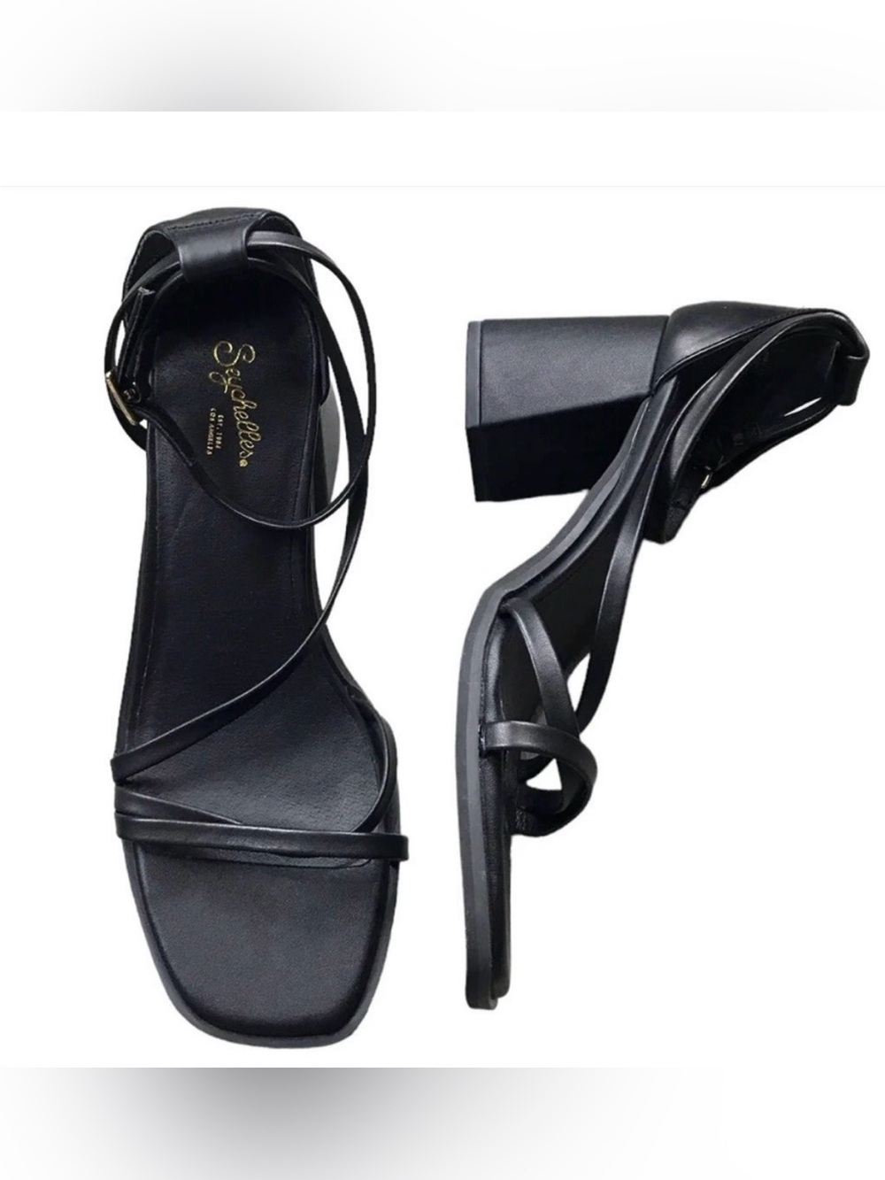 SEYCHELLES Black Leather Strappy Contemporary Low Heel Sandals Night Out 9